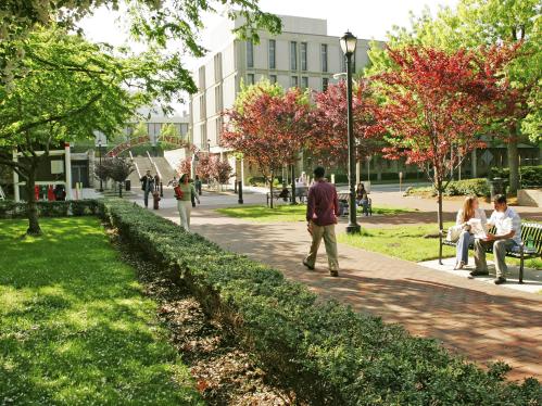 Students walking on Newark campus near arch